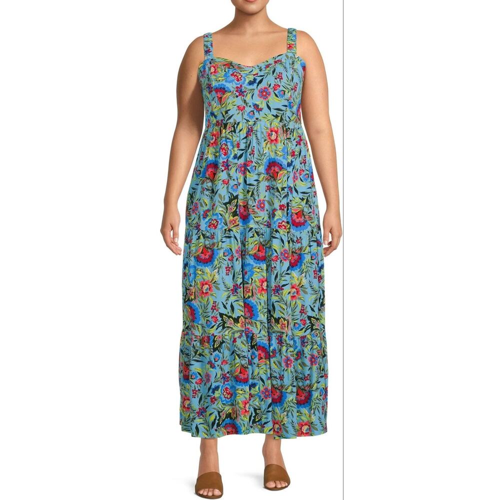 Terra & Sky Women’s Plus Size Tiered Maxi Dress - Blue/Green Tropical Palm 14W